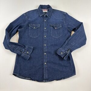 Wrangler Denim Shirt Jean Jacket Pearl Snap Blue Western Cowboy Rodeo Longsleeve